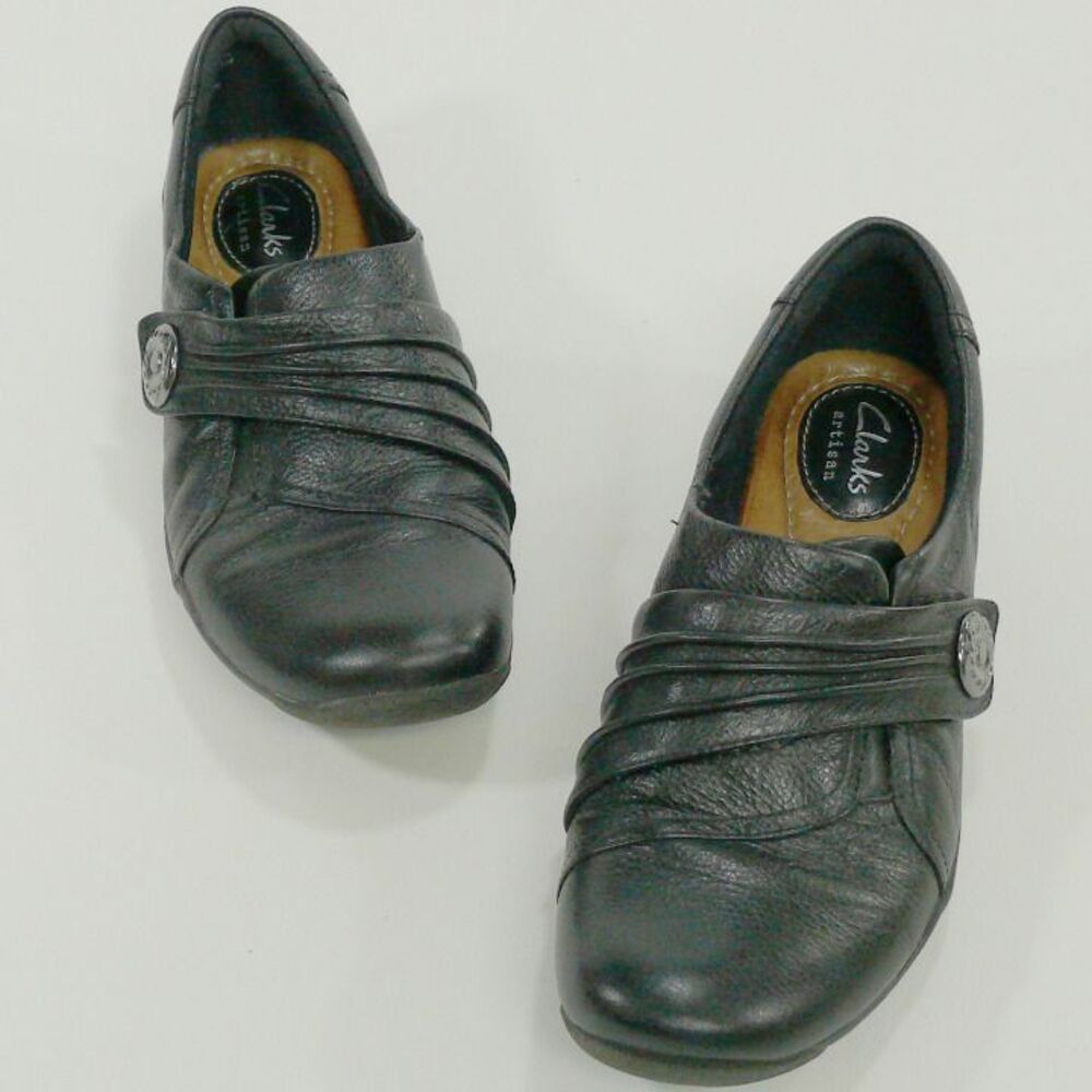 CLARKS ARTISAN black ruched strap leather slip on shoes 6M